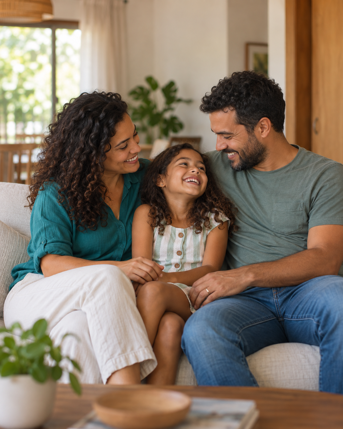Família reunida em um momento de carinho na sala de casa